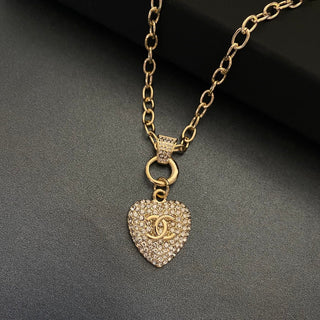 Classic Double C Heart Shape Rhinestone Cutout Necklace