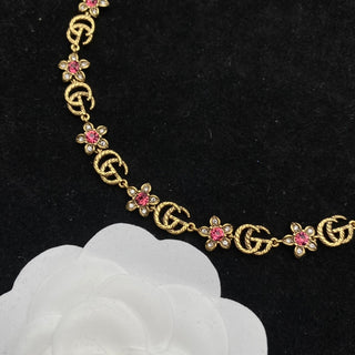Vintage Double G Flower Rhinestone Necklace