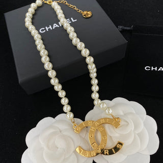 Classic CC Button Pearl Charm Necklace