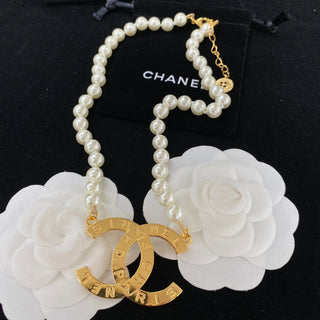 Classic CC Button Pearl Charm Necklace
