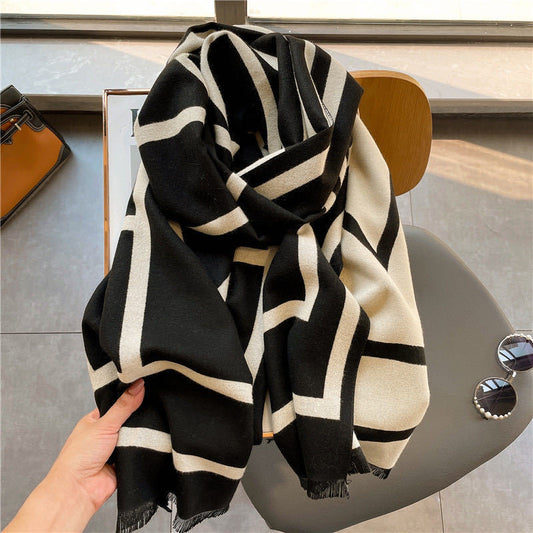 Black and white double-sided striped pattern cashmere scarf