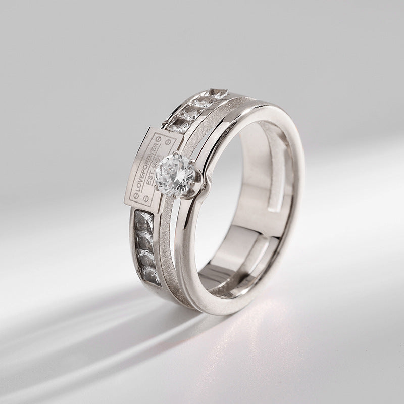 Luxury Zircon Titanium Steel Double Rhinestone Ring