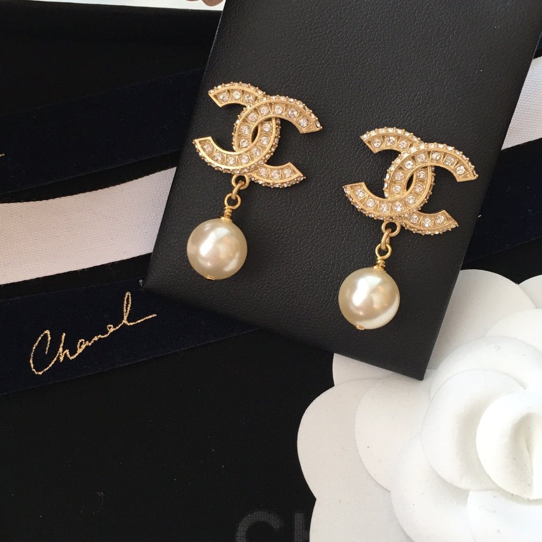 Luxury Rhinestone Double C Pearl Pendant Earrings
