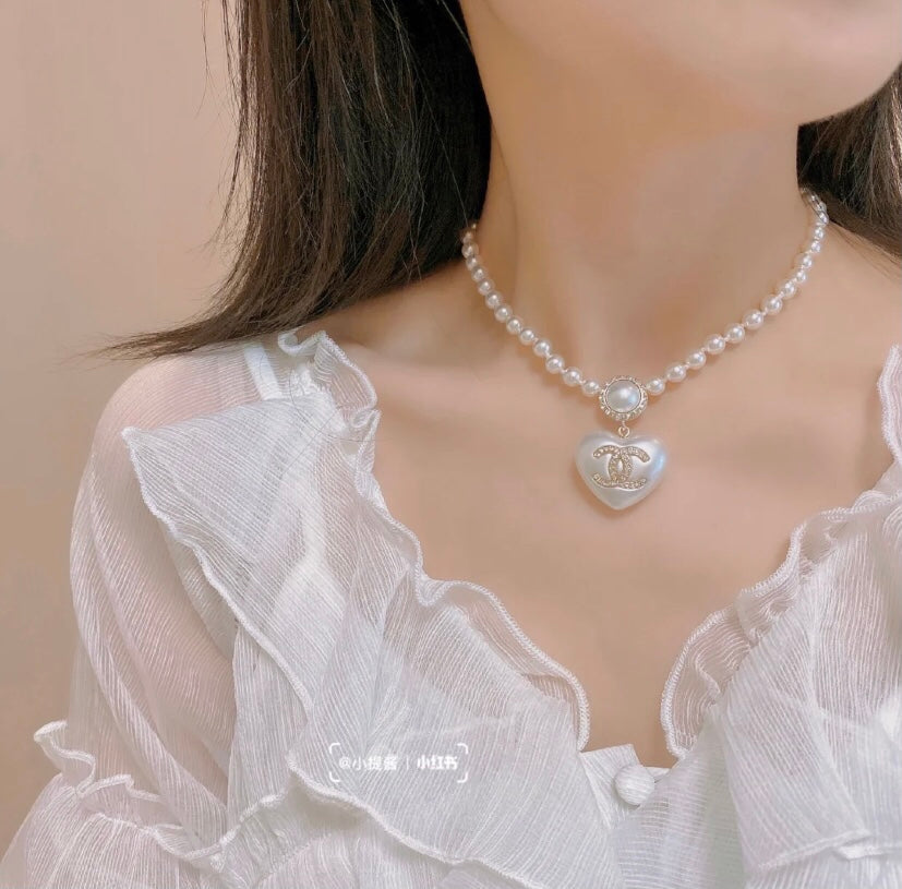 Fashion Double C Pearl Heart Necklace
