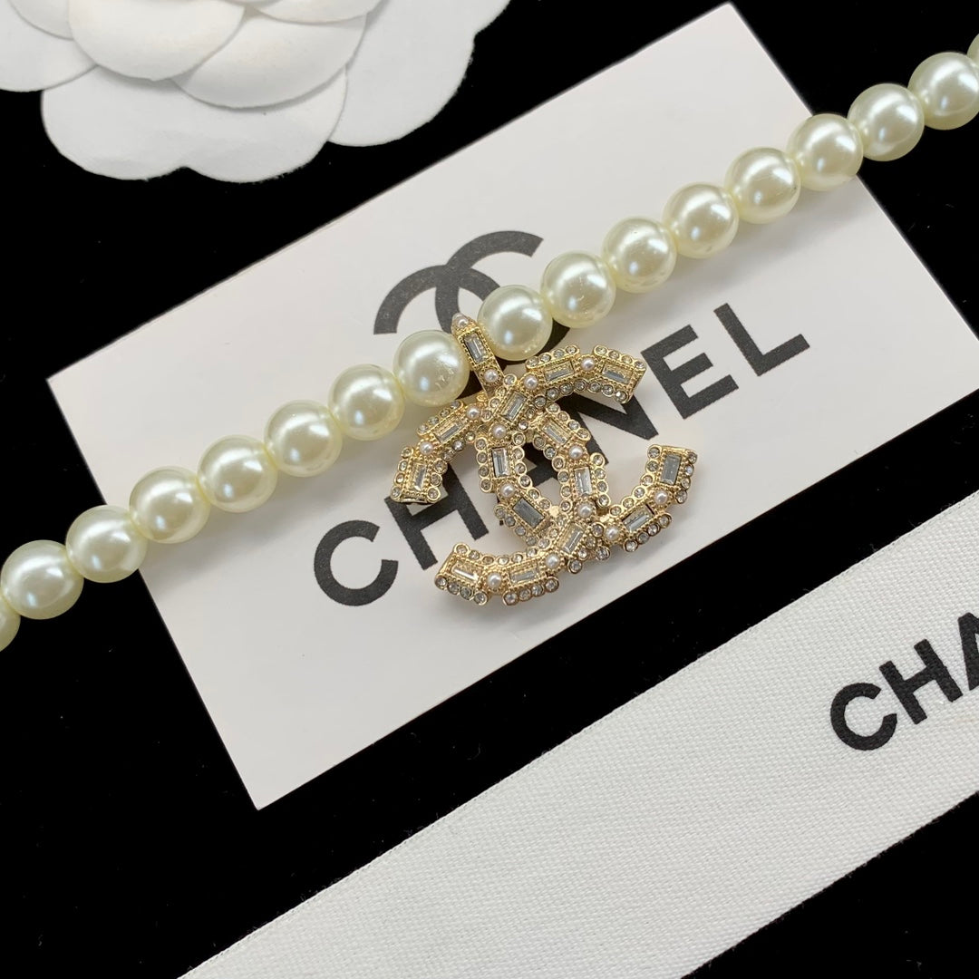 Double C pearl rhinestone non-standard pendant necklace