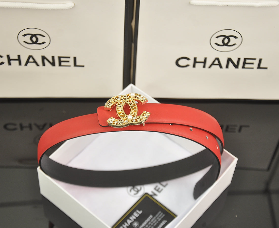 6-color luxurious double C hollow-out LOGO pearl belt
